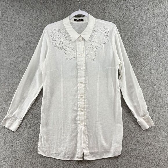Loro Piana Tops - Loro Piana White Embroidered Linen Button-Up Shirt Size Large Made in Italy
